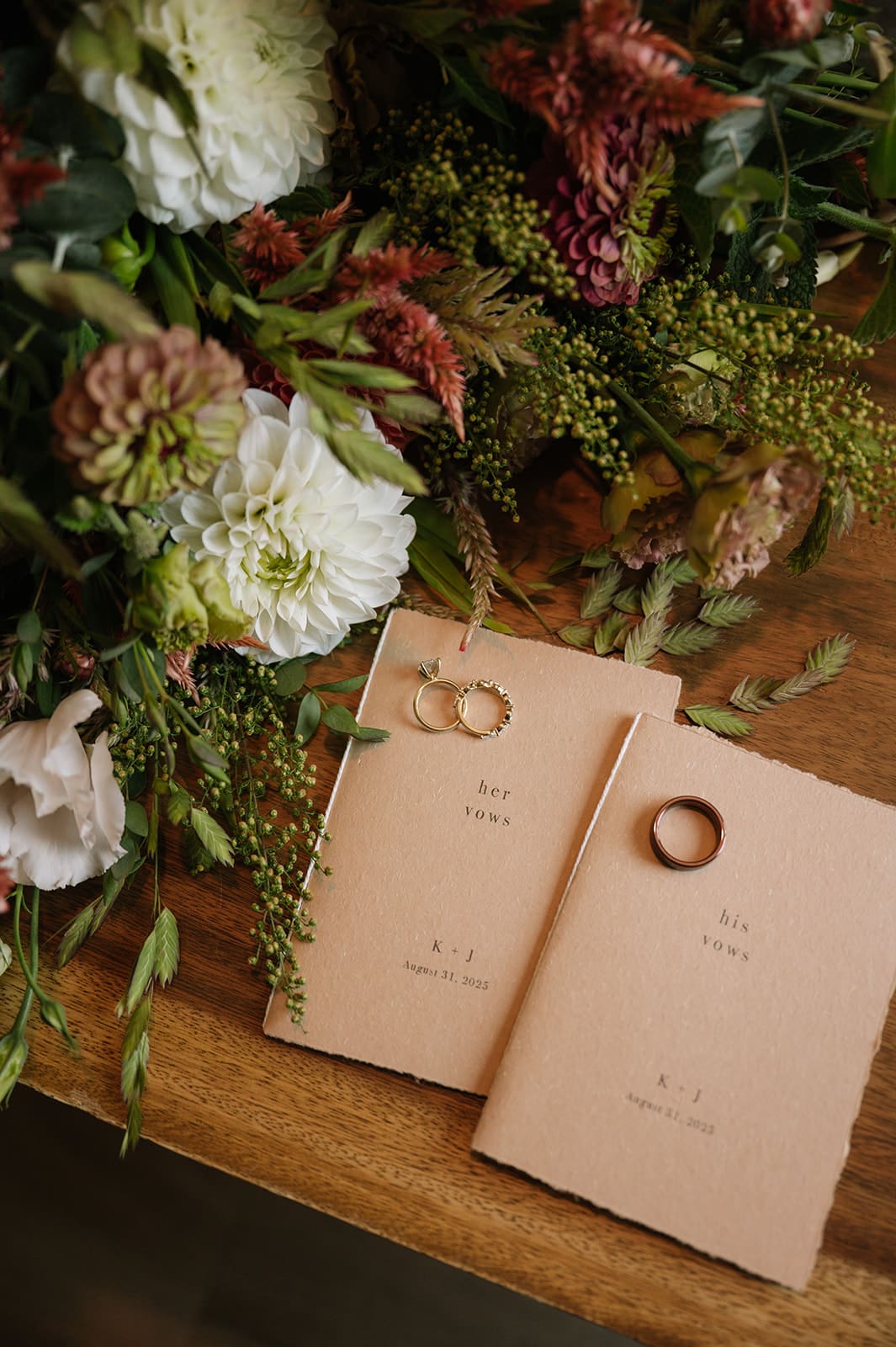 A pair of beige high-heeled sandals, a blue embroidered handkerchief with wedding rings, a jewelry box, and a bouquet of flowers arranged on a wooden surface.
