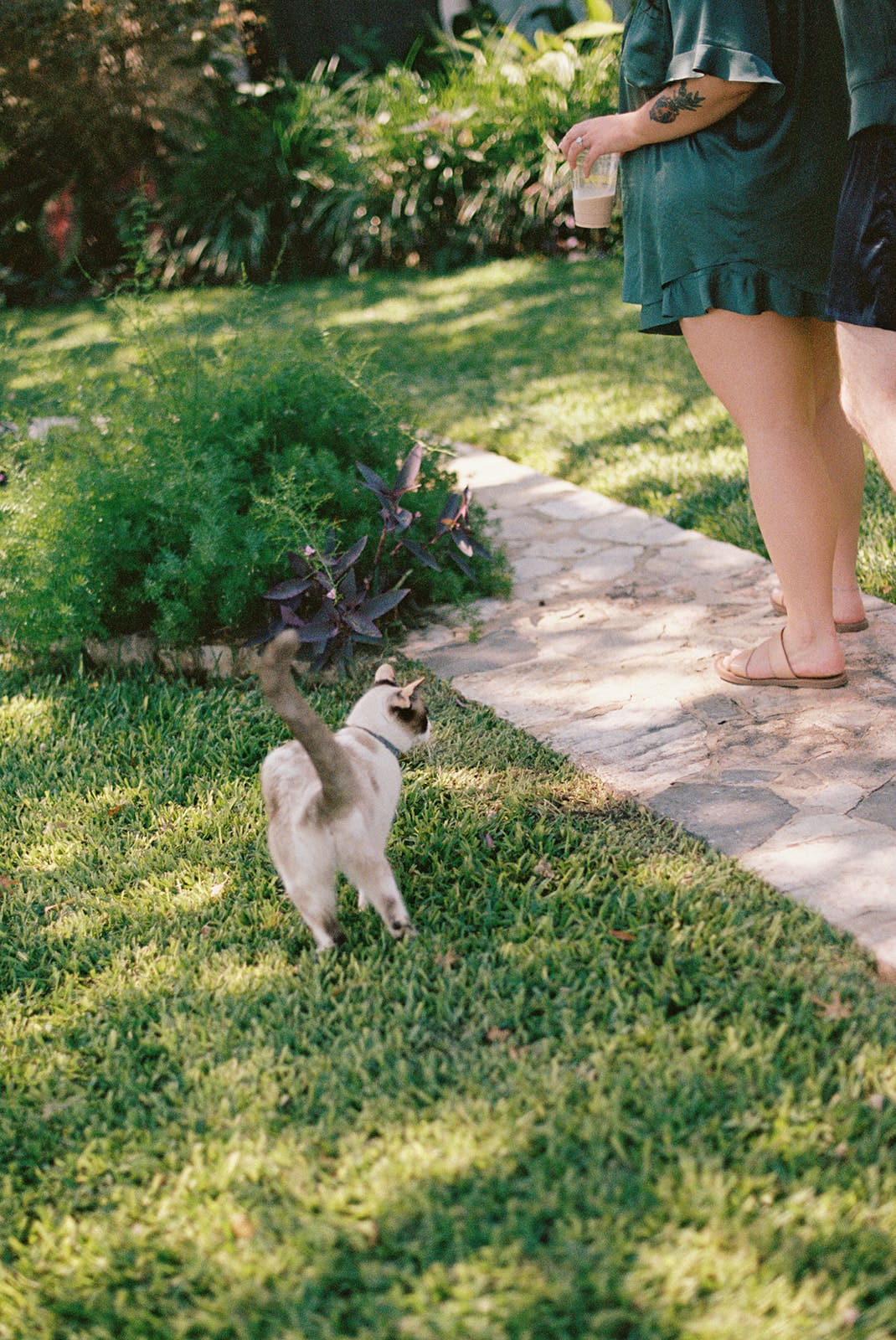 Two people stand together on the front porch of a small, light-colored house surrounded by greenery on a sunny day.