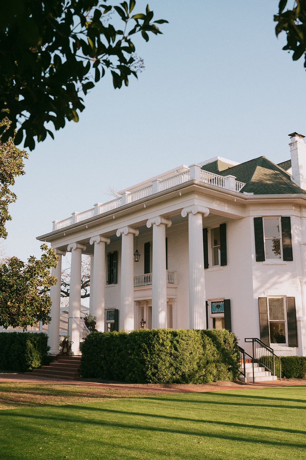 The Woodbine Mansion in Round Rock, Tx with large columns, dark shutters, and a green roof, surrounded by manicured bushes and a lawn under a clear sky.