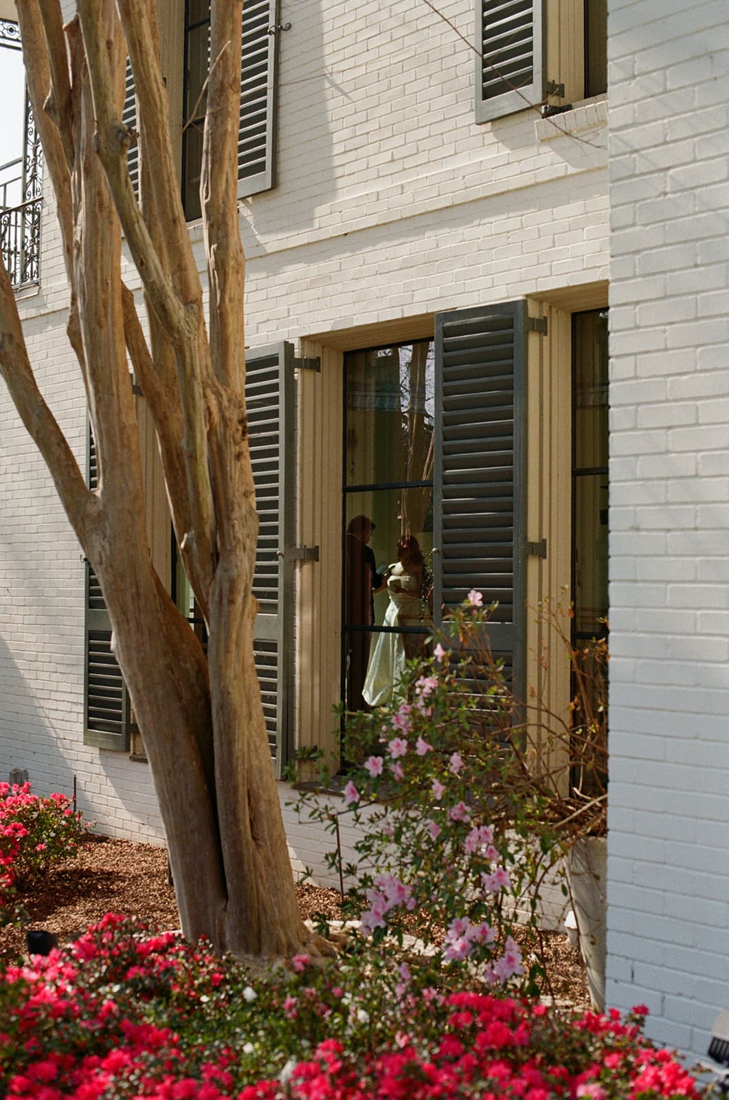 A white brick house with open shutters, a tree in front, and pink flowers in the garden; a mannequin in a green dress is visible through the window.