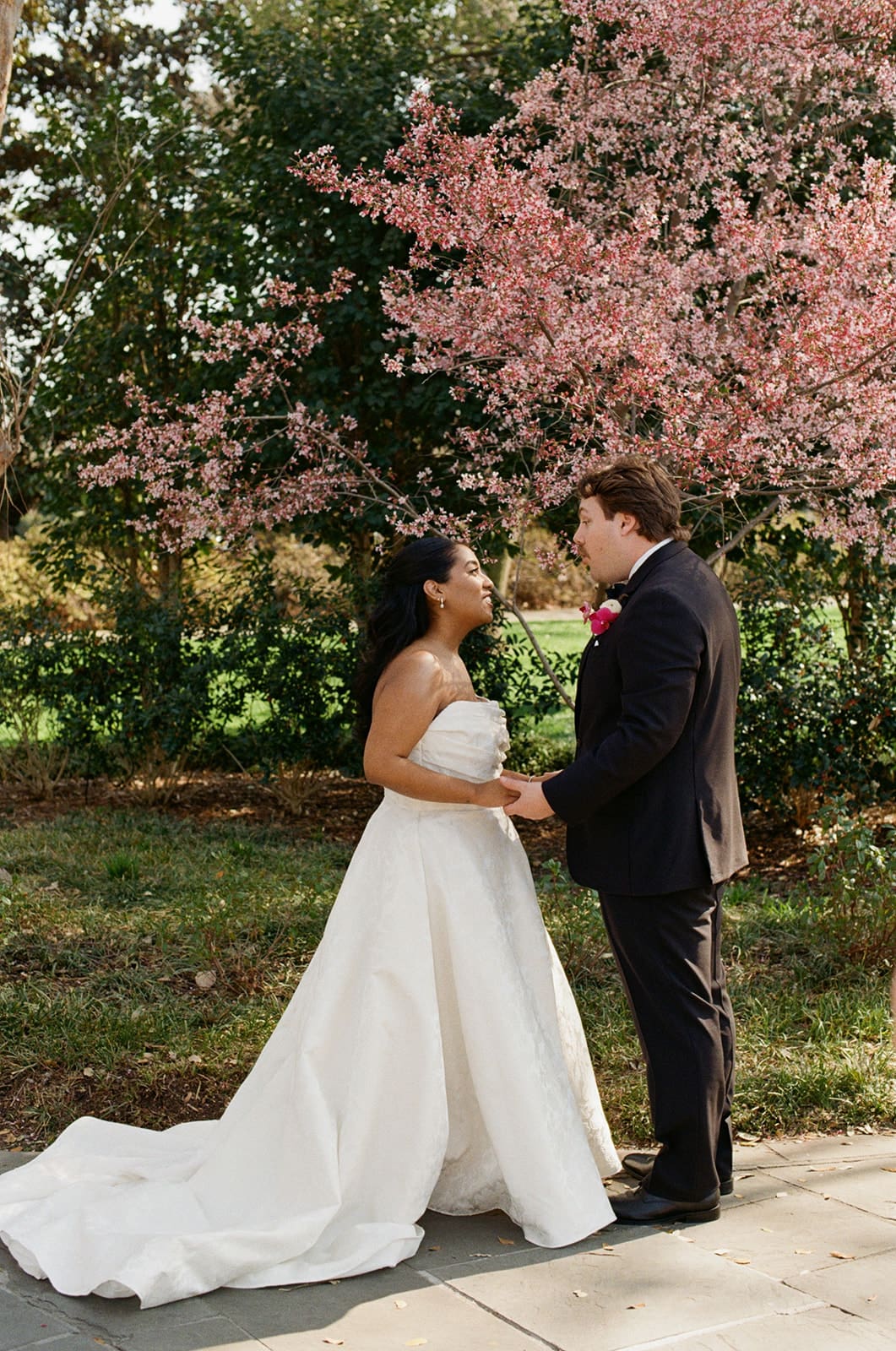 A bride and groom stand facing each other outdoors, holding hands, in front of a blooming pink tree for a Dallas Arboretum Wedding