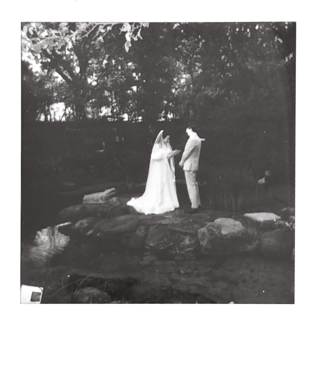 Black and white photo of a bride and groom standing outdoors on rocks, surrounded by trees, holding hands and facing each other.