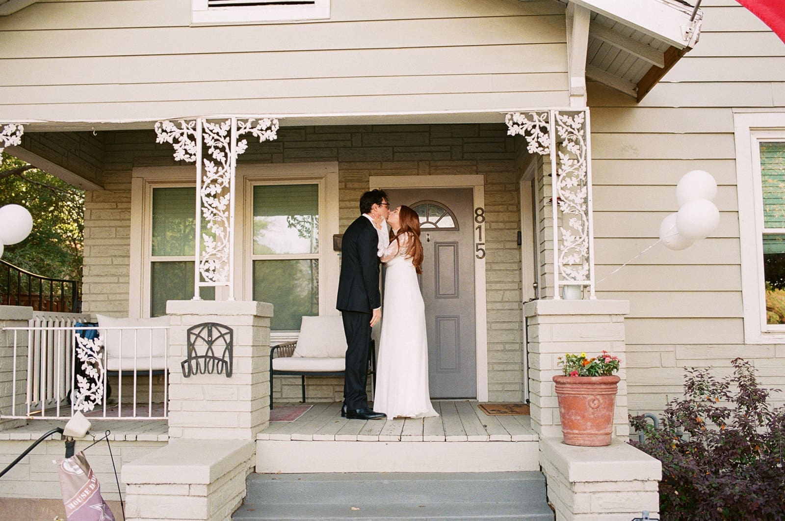 bride and groom do a first look at their intimate backyard wedding