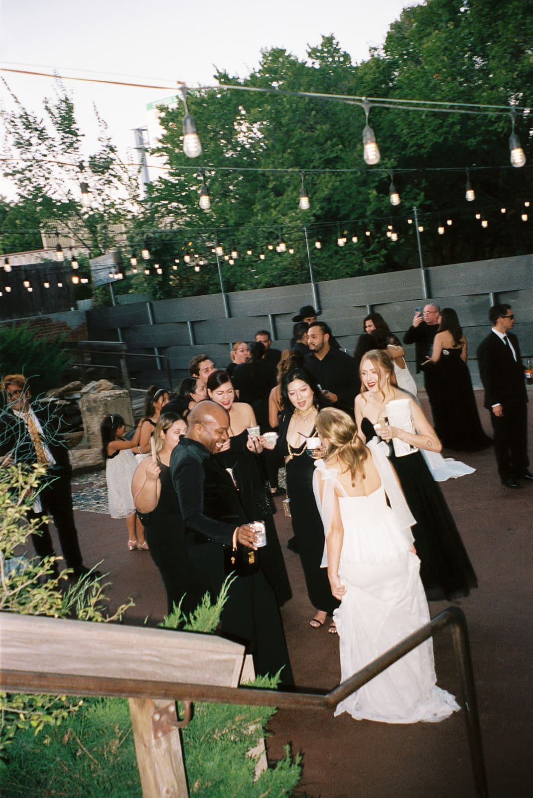 A group of people in formal attire gather and mingle outdoors under string lights, surrounded by trees and greenery at a small wedding venue in dallas tx