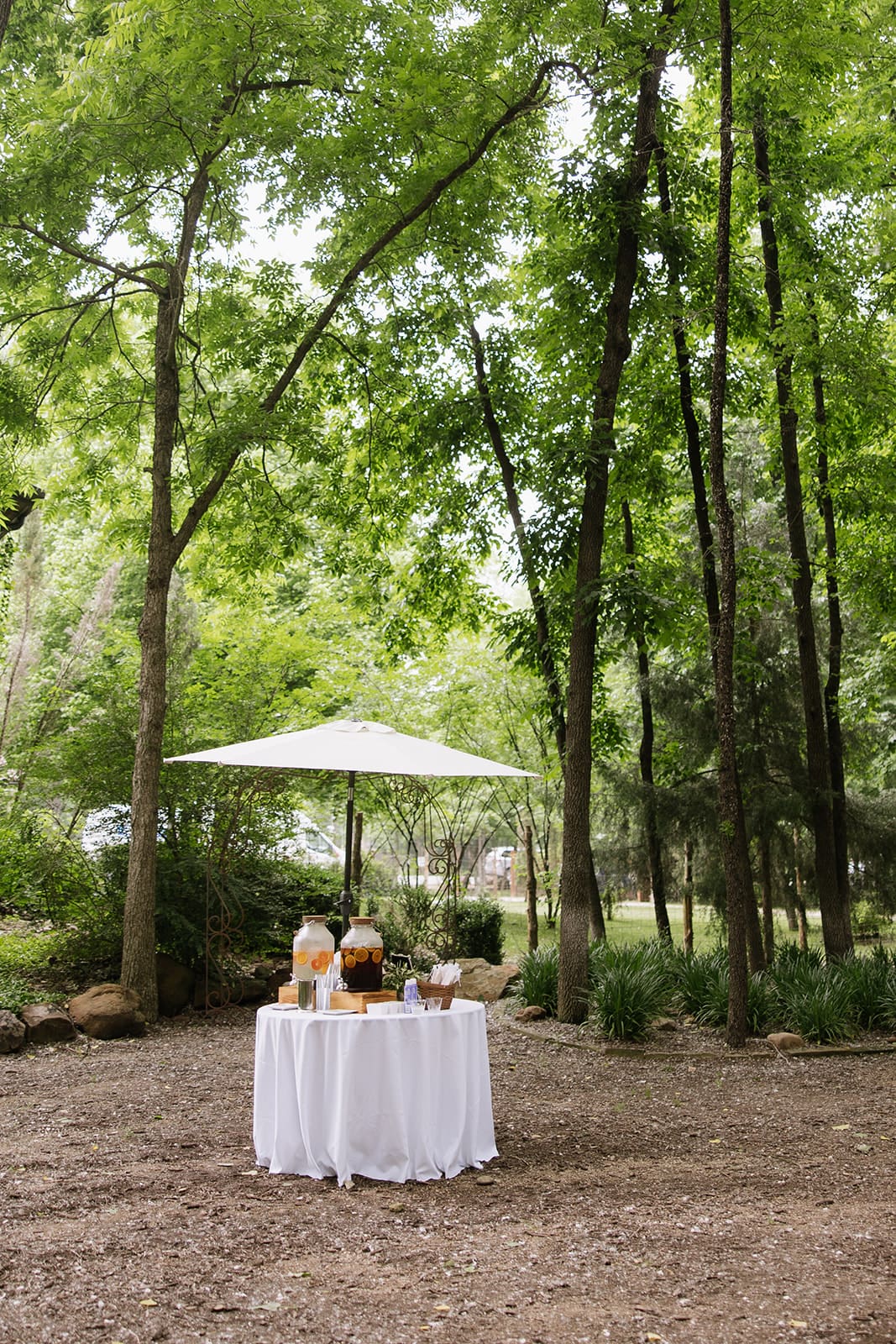 A round table with drinks and snacks sits under a white umbrella in a wooded outdoor setting with tall trees and green foliage.