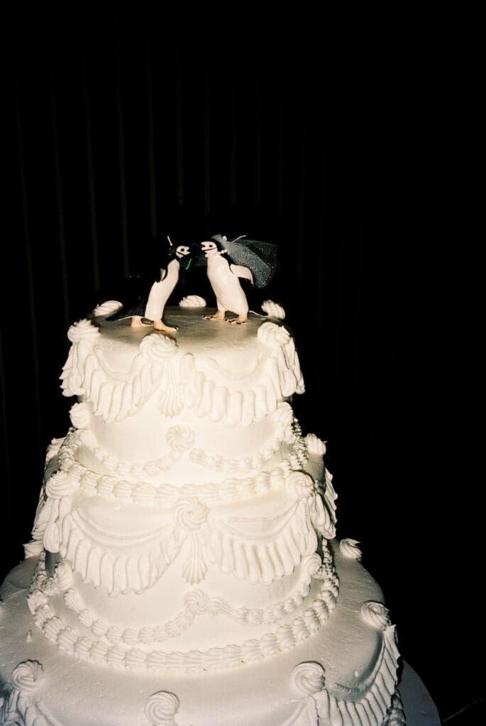 Three-tier white wedding cake with decorative icing and two figurines of women in wedding dresses as toppers, against a dark background.