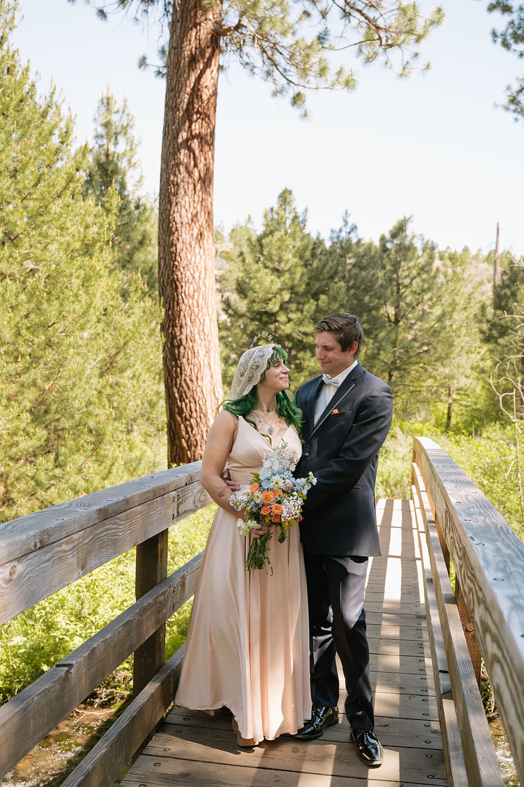 A couple, seen from behind, walks hand in hand down a forest path on a sunny day.