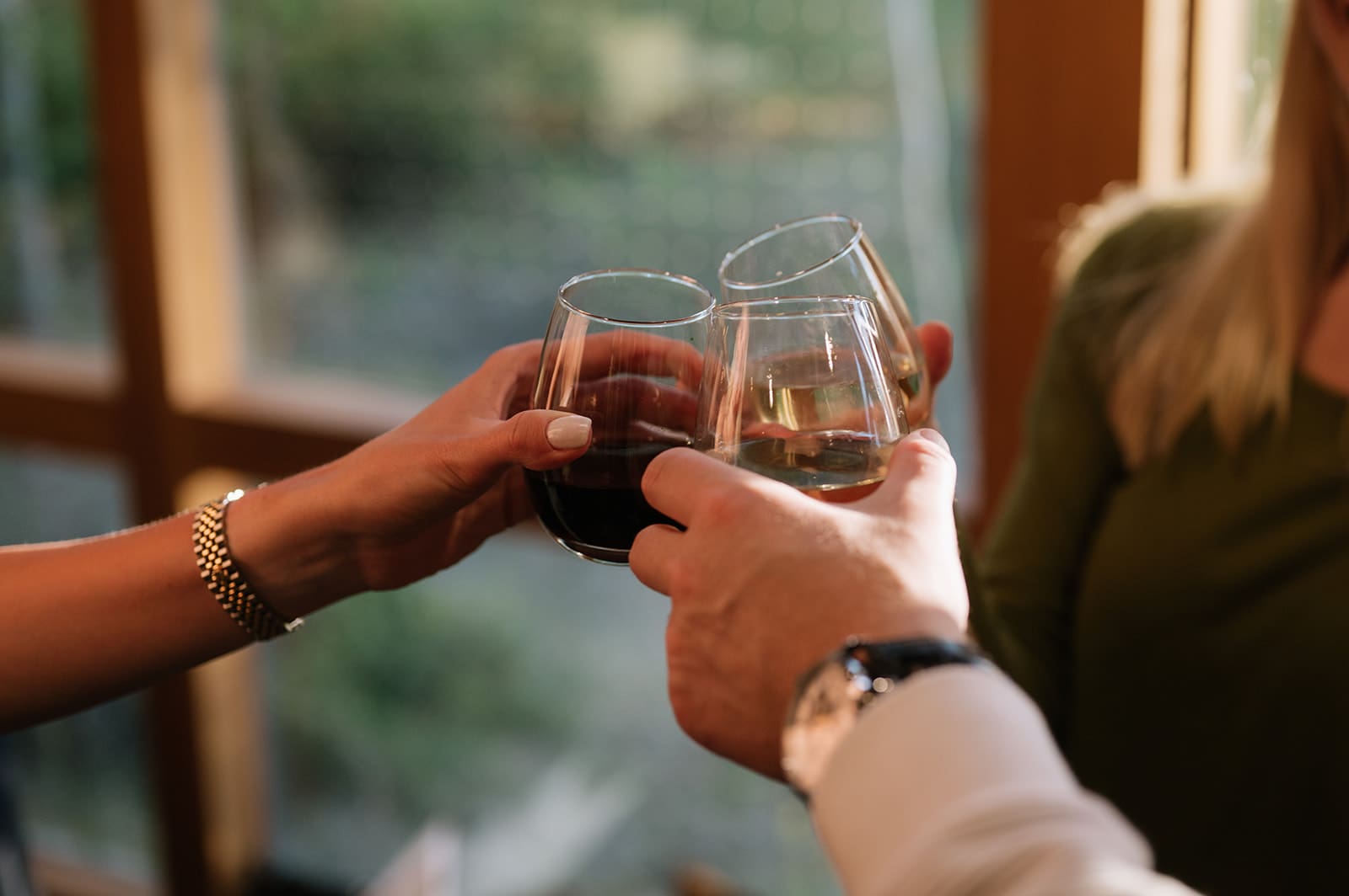 Three people clinking glasses of wine together indoors, with blurred greenery visible through a window in the background.