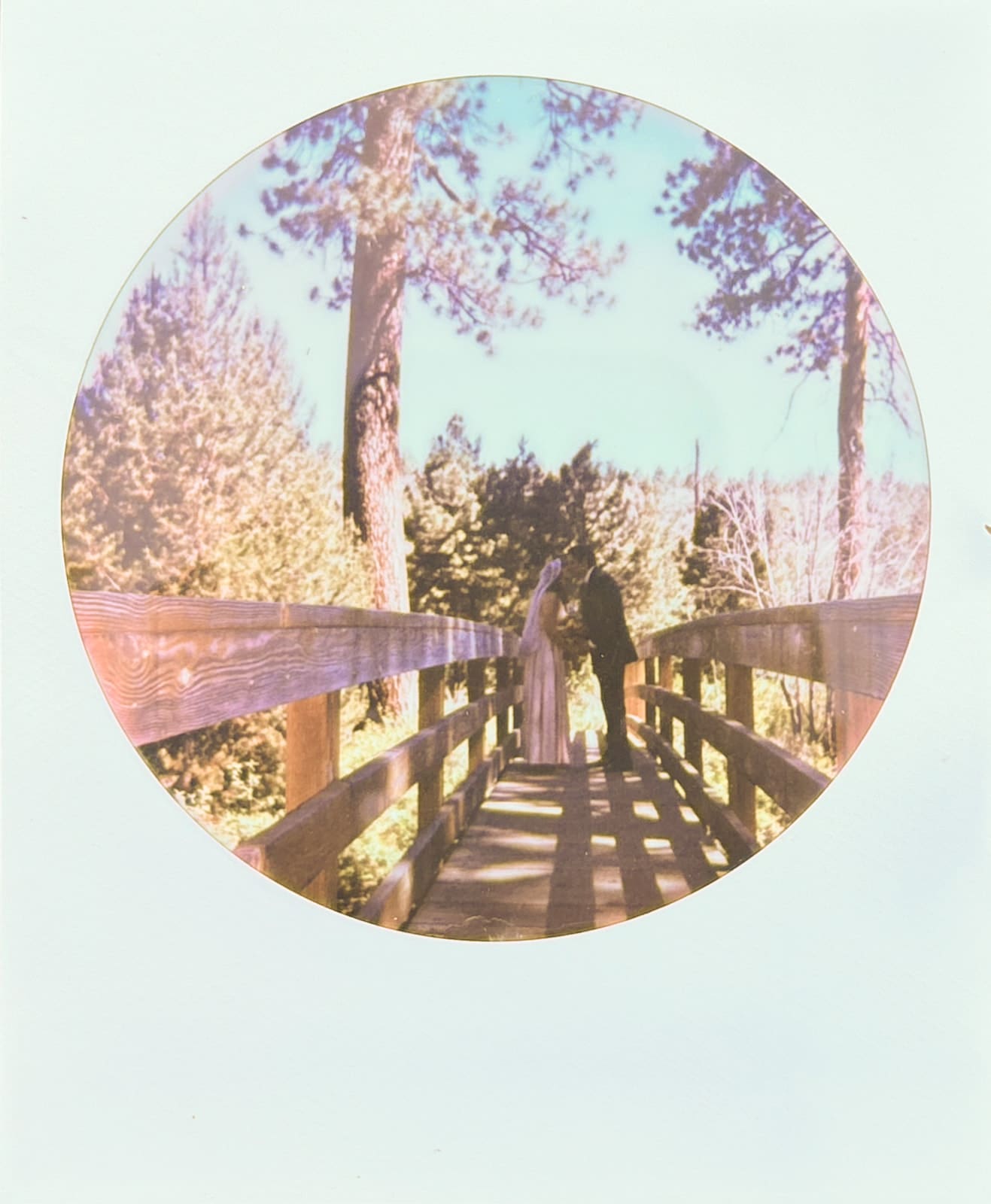 Two people stand facing each other on a wooden bridge surrounded by trees, with sunlight casting shadows across the scene.
