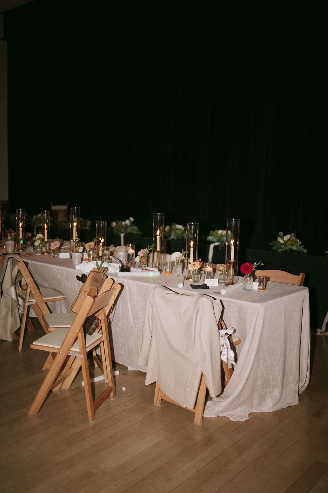 wedding reception tables under the night sky at an intimate Colorado wedding venue